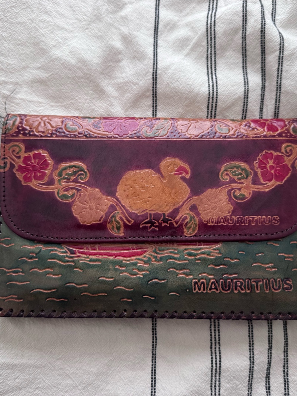 Hand-Painted Leather Wallet Cover in Plum and Forest Green